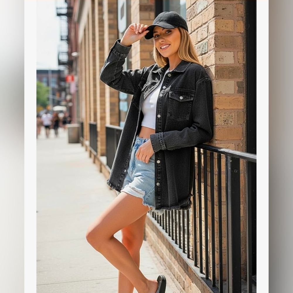 Stylish Oversized Black Denim Jacket - Picture 2 of 6